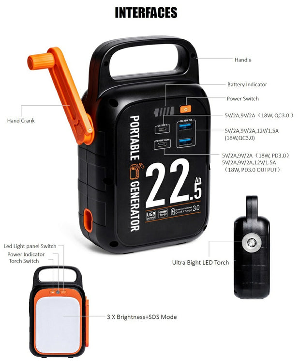 Bärbar Strömbank med vevkraft 22500 mAh